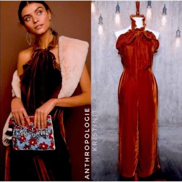 Anthropologie Kristinit Velvet Jumpsuit Rust Orange Brown Copper Ruffle Halter L - Picture 1 of 6
